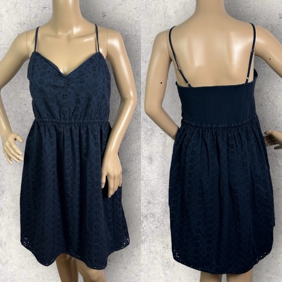 J Crew Navy Blue Eyelet Knee Length Summer Dress Womens Size XL Flare Sweetheart - Picture 1 of 14